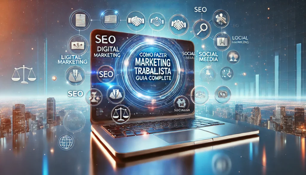 Ilustração digital 3D futurista representando estratégias de marketing para advogados trabalhistas. A imagem apresenta um laptop exibindo um painel de marketing digital com destaque para SEO, redes sociais e estratégias jurídicas. Ao redor da tela, ícones flutuantes simbolizam SEO, marketing digital, redes sociais e documentos jurídicos. O fundo possui um design moderno e tecnológico, com gráficos e uma vista panorâmica de uma cidade iluminada. O texto "Como Fazer Marketing para Advogado Trabalhista: Guia Completo" está centralizado na tela, garantindo clareza e legibilidade.