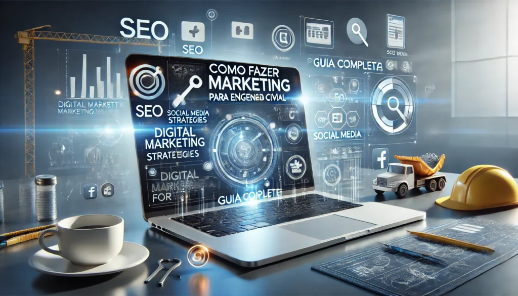 Ilustração digital mostrando um laptop com o texto "Como Fazer Marketing para Engenheiro Civil: Guia Completo" na tela. Ao redor, ícones de SEO, redes sociais e construção civil destacam estratégias de marketing digital para engenheiros. O fundo tem um design moderno e tecnológico, com elementos de engenharia e marketing